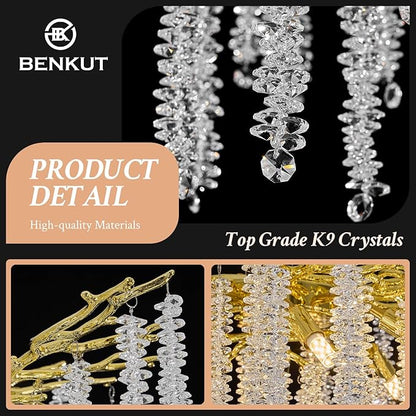Benkut Modern Tree Branch Crystal Chandelier Luxury Gold Raindrop Pendant Lighting 23.6" Contemporary 8-Light Chandeliers for Dining Room Kitchen Bedroom Living Room