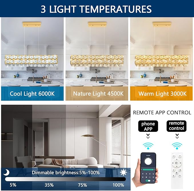 24'' Modern Crystal Chandelier for Dining Room Ceiling Light Fixture for Living Room Hallway Lighting LED Dimmable with Remote Gold