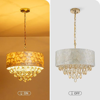4-Light Drum Capiz Shell Crystal Chandelier, Coastal Style Pendant Light Fixture for Dining Room, Living Room, D18 x H21~68 inch (Height Adjustable), Champagne Crystal & Gold Finish
