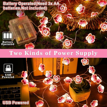 Mudder 33FT 100 LEDs Cherry Blossom Flower Fairy String Lights with Remote, USB & Battery Operated Pink String Lights for Bedroom, Indoor Outdoor Party Wedding Decoration