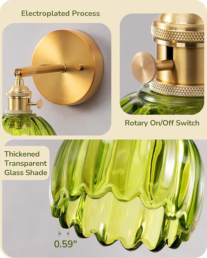 EDISHINE Hardwired Wall Sconces Set of Two, Vintage Wall Lighting Fixture with Green Tulip Glass Lampshade 180 Degree Adjustable, Brass Gold Wall Lamp for Bedroom Living Room Hallway Bathroom