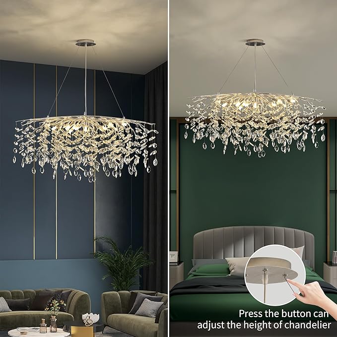 Modern Silver Crystal Tree Branch Chandelier, Rectangle Linear Art Deco Raindrop Lighting Fixture for Dining Room Living Room 12 Lights L40''