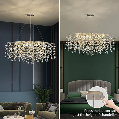 Modern Silver Crystal Tree Branch Chandelier, Rectangle Linear Art Deco Raindrop Lighting Fixture for Dining Room Living Room 12 Lights L40''