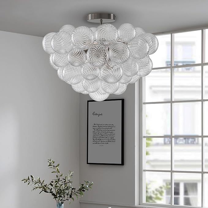 Hand Blown Glass Bubble Ball Chandelier Nickel-Plated 20" Semi Flush Mount Ceiling Light Art Deco Cluster Ribbed Blown Glass Globe Lighting for Bedroom Dining Table Entryway