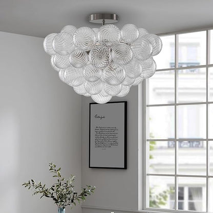 Hand Blown Glass Bubble Ball Chandelier Nickel-Plated 20" Semi Flush Mount Ceiling Light Art Deco Cluster Ribbed Blown Glass Globe Lighting for Bedroom Dining Table Entryway