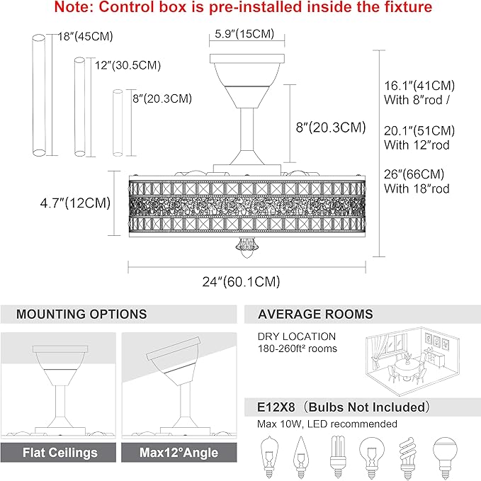 24 Inch Fandelier Ceiling Fan with Light and Remote, Luxury Crystal French Rococo Chandelier Fan, Bladeless Enclosed Caged Pendant Light Fixture for Living Room, Bedroom, Dining Room, Kitchen Island