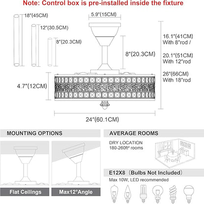 24 Inch Fandelier Ceiling Fan with Light and Remote, Luxury Crystal French Rococo Chandelier Fan, Bladeless Enclosed Caged Pendant Light Fixture for Living Room, Bedroom, Dining Room, Kitchen Island