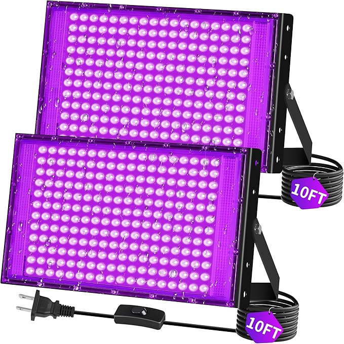 THECHAM 200W LED Black Lights IP66 Waterproof Black Light Outdoor with 10ft Plug+Switch, Flood Blacklight for Halloween Glow in The Dark Party Stage Light Neon Glow Birthday 2 Pack