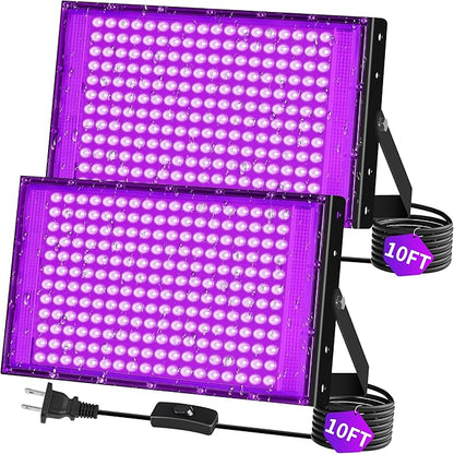 THECHAM 200W LED Black Lights IP66 Waterproof Black Light Outdoor with 10ft Plug+Switch, Flood Blacklight for Halloween Glow in The Dark Party Stage Light Neon Glow Birthday 2 Pack