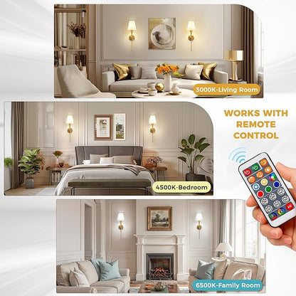 DORESshop Battery Operated Wall Sconce Set of 2, Wireless Wall Light Easy to Install, 15 Color Rechargeable Wall Sconces, Sconce Wall Decor Set of 2 for Bedroom, Living Room, Gold, 24.6in