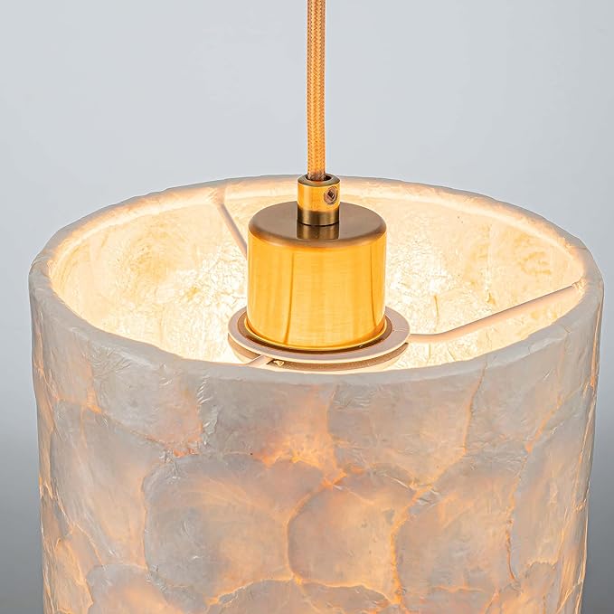 LumFurn D7inch 1-Light Capiz Shell Chandelier, Coastal Design Pendant Light Fixture for Dining Room, Living Room, Kitchen Island, D7 x H18~66"(Adjustable Height), Shell Lampshade & Gold Finish Frame