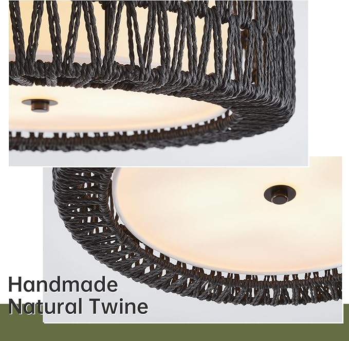 Boho Flush Mount Ceiling Light, 3-Light Rattan Light Fixture Bedroom Light Fixtures 15.7" Modern Black Ceiling Light for Nursery Hallway Entryway Kitchen Dining Room
