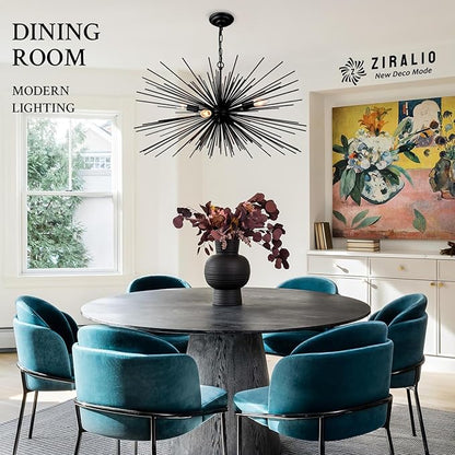31“ Black Sputnik Chandelier Vintage 4-Lights Geometric Starburst Chandelier Light Fixture Modern Solid Metal Sputnik Chandeliers for Dining Room, Kitchen Island, Bedroom, Living Room, E12