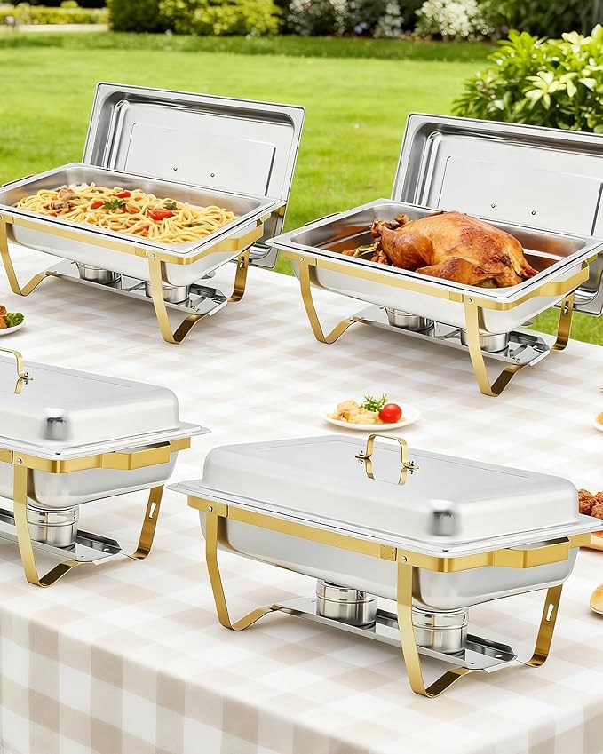 Garvee Chafing Dish Buffet Set 4 Pack, 8QT Buffet Servers and Warmers Set with Lid & Foldable Frame, Rectangular Stainless Steel Chafer Food Warmer for Parties Wedding Catering Supplies, Gold