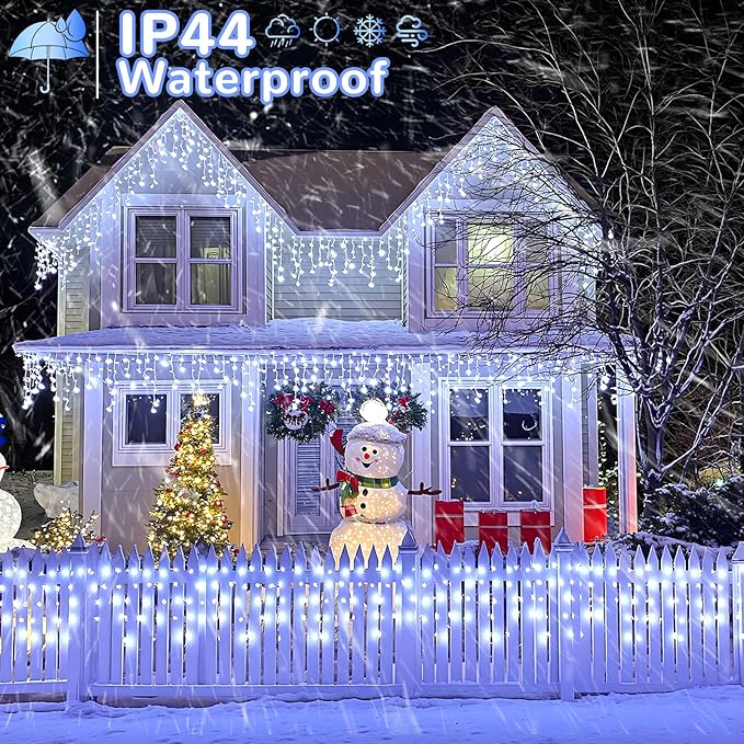 White Christmas Lights Outdoor, 66ft 640 LED Icicle Lights for Outside House with Connectable Clear Wire 8 Modes Timer, Plug in Waterproof for Home Holiday Eaves Yard Roof Party Room Indoor Decoration