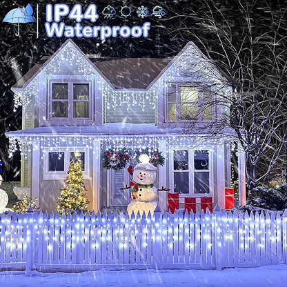 99ft 1216LED Icicle Lights for Outside, White Christmas Lights for House Patio Yard Porch Backyard Holiday Garden Xmas Exterior Decoration, Waterproof Twinkle Cluster Light Hanging Light All Year
