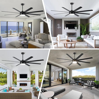YUHAO 72 Inch Black Ceiling Fan with Light and Remote Control.Noiseless,Dimmable,3CCT,6 Speeds Reversible, DC Ceiling Fans for Indoor or Covered Outdoor Use.ETL Listed