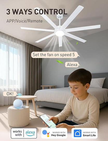 Minislak 62 inch Smart White Ceiling Fan with Light and Compatible with Alexa,6 Speed,3CCT,Quiet DC motor Indoor Oudoor Ceiling Fan for Living room or Patio