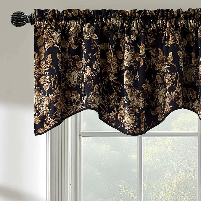 StangH Luxury Floral Printed Valance for Kitchen Window, Light Blocking Rod Pocket Velvet Drape Gold Scalloped Tier Curtain for Bedroom Living Room, W52 x L18, 1 Panel