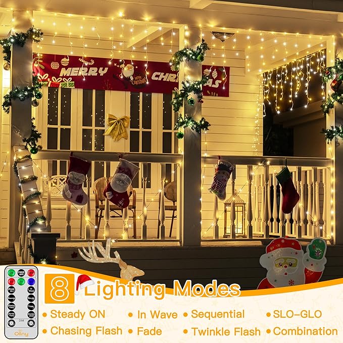 Ollny Icicle Lights for Outside 504LED 41FT, Warm and Cool White Christmas Light with Remote 8Modes Timers Waterproof, Plug in Connectable Hanging Lights for Outdoor Indoor House Roof Holiday