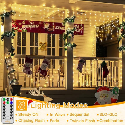 Ollny Icicle Lights for Outside 504LED 41FT, Warm and Cool White Christmas Light with Remote 8Modes Timers Waterproof, Plug in Connectable Hanging Lights for Outdoor Indoor House Roof Holiday