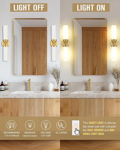 Emak Modern 22 Inch Bathroom Light Fixtures Over Mirror, Brushed Gold Vanity Light Bar with Milk Glass Shade, 2-Light Bathroom Wall Sconce, VL085-BGD-ML-2