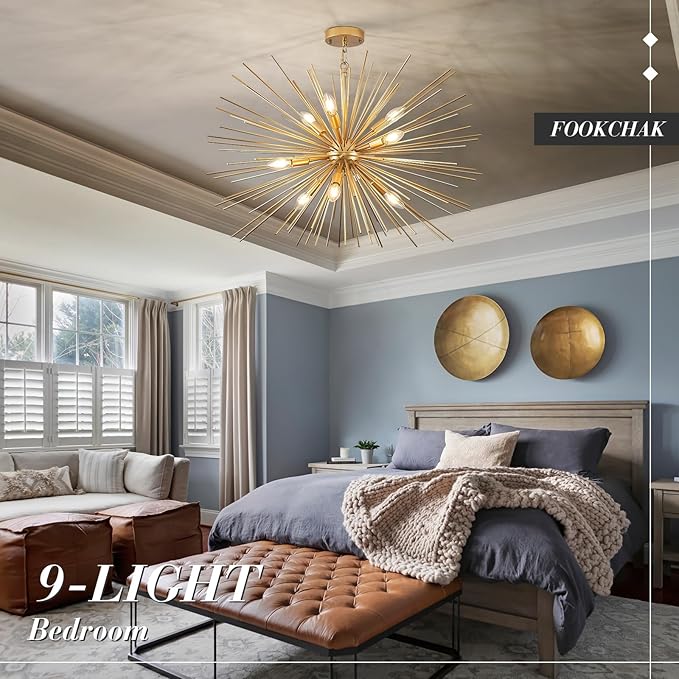 32in Gold Sputnik Chandelier Solid Metal Starburst Chandelier Light Fixture 9-Light Mid-Century Modern Satellite Light Fixture for Living Room Dining Room Foyer Study Room Bathroom,E12