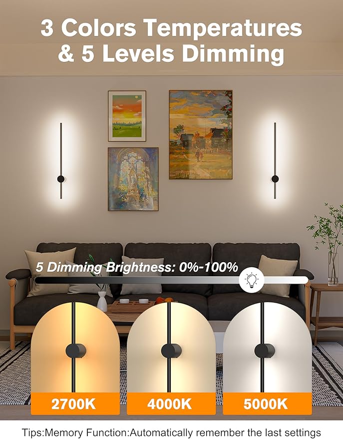 JOFIOS Battery Operated Wall Sconces Set of 2,10000mAh Rechargeable Wireless Sconces with Remote Control,Dimmable Wall Lamps with 7 Colors,23.6 Inch Modern Black Wall Lights for Bedroom, Living Room