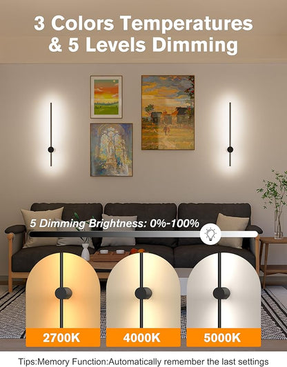 JOFIOS Battery Operated Wall Sconces Set of 2,10000mAh Rechargeable Wireless Sconces with Remote Control,Dimmable Wall Lamps with 7 Colors,23.6 Inch Modern Black Wall Lights for Bedroom, Living Room