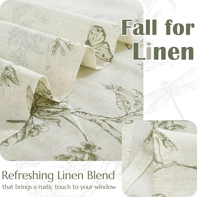 jinchan Floral Kitchen Curtains for Windows 24 Inch Farmhouse Country Linen Tier Curtains Botanic Small Window Drapes for Living Room Bathroom Laundry RV Rod Pocket Rustic 2 Panels Green on Beige