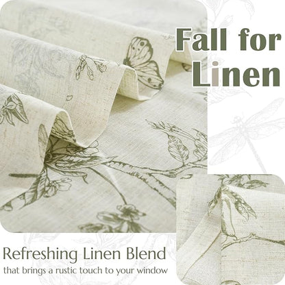 jinchan Floral Kitchen Curtains for Windows 24 Inch Farmhouse Country Linen Tier Curtains Botanic Small Window Drapes for Living Room Bathroom Laundry RV Rod Pocket Rustic 2 Panels Green on Beige