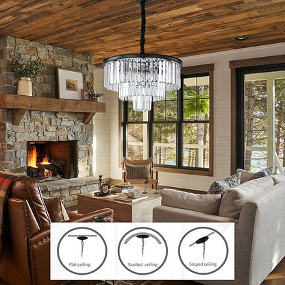 Black Modern Crystal Chandelier Lighting K9 Crystal Round Chandelier Hanging Ceiling Light Fixture 3-Tier Contemporary Crystal Pendant Light for Dining Room Living Room Bedroom 21.68inch