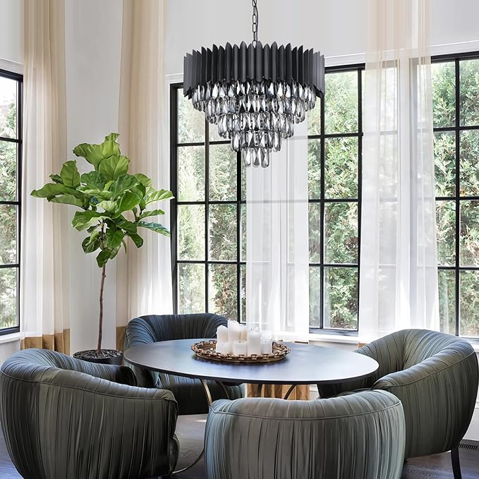 A AXILIXI Black Crystal Chandeliers,Contemporary 24'' Modern Ceiling Lights Fixtures Flush Mount Pendant Light 12 Lights 5-Tiers K9 Large Hanging Lamp for Entryway Dinning Room Living Room Bedroom