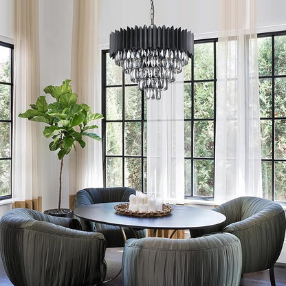 A AXILIXI Black Crystal Chandeliers,Contemporary 24'' Modern Ceiling Lights Fixtures Flush Mount Pendant Light 12 Lights 5-Tiers K9 Large Hanging Lamp for Entryway Dinning Room Living Room Bedroom