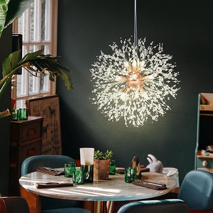 SineRise Modern Crystal Chandeliers Firework, Crystal Light Fixture, Dandelion Chandelier (9-Light, Gold) for Foyer Hallway Entryway Kitchen Bedroom
