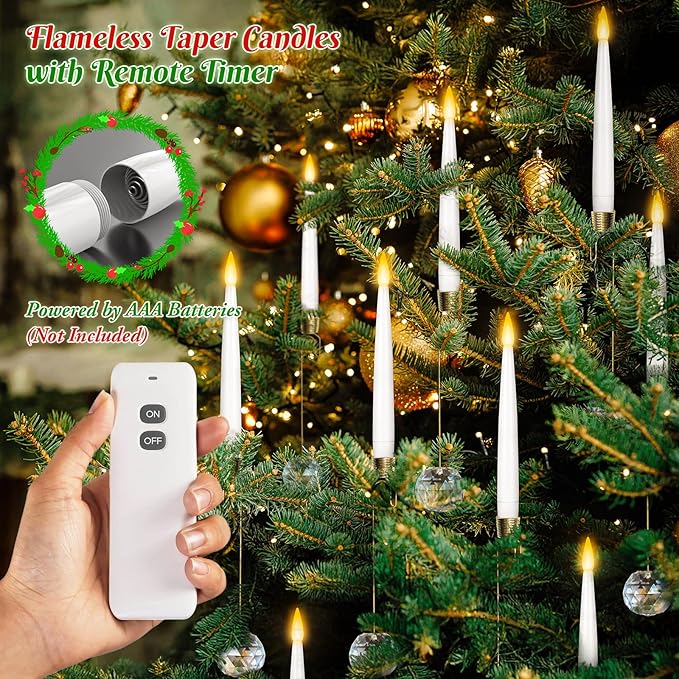 0.4" x6" LED Short Taper Candles with 12 Crystal Ball Hooks, 12 Pcs Flameless Christmas Tree Hanging Candles with Remote, Battery Operated Taper Candle for Xmas, Home, Indoor and Party
