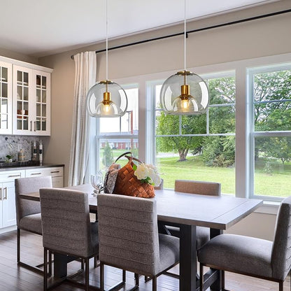 Clear Glass Pendant Lights Kitchen Island Gold Hanging Light Fixture Glass Globe Pendant Light Modern Pendant Lighting for Kitchen Island Bedroom Dining Room (9.84", 1 Pack)