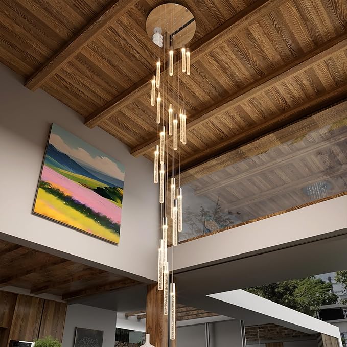 Large 20-Light Silver Crystal Chandelier, Modern Dimmable LED Height Adjustable Pendant Light, Luxury Hanging Fixture for High Ceilings, Foyer, Staircase, Hotel Lobby