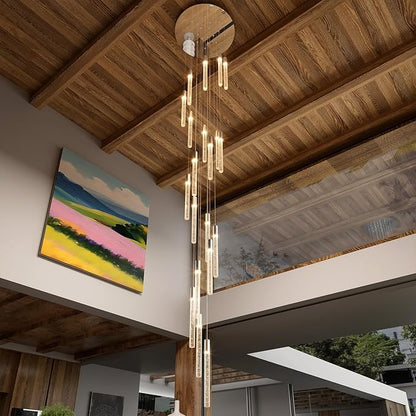 Large 20-Light Silver Crystal Chandelier, Modern Dimmable LED Height Adjustable Pendant Light, Luxury Hanging Fixture for High Ceilings, Foyer, Staircase, Hotel Lobby
