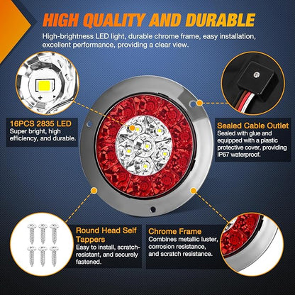 Nilight Trailer Tail Light 2PCS 4Inch Round 16 LED Red White Chrome Frame Marker Clearance Stop Brake Reverse Backup Running Taillight IP67 Waterproof for Trailer Truck Pickup Camper RV