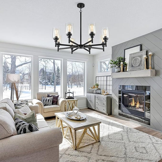 LIGHTDAMY Black Chandeliers for Dining Room Light Fixture, Modern Farmhouse Chandelier, 8 Lights with Clear Glass Shade Industrial Hanging Lighting for Living Room Kitchen Island Bedroom