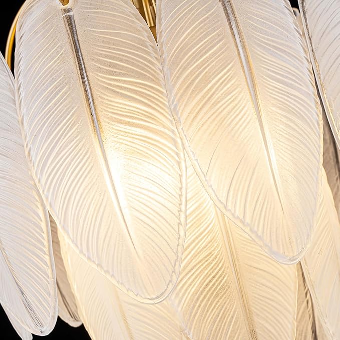 LumFurn D12inch 3-Light Glass Chandeliers, Modern 2-Tier Pendant Light Fixture for Dining Room, Living Room, D12x18~47Inch Adjustable Height, White Frosted Glass Feather Shade & Gold Finish Frame