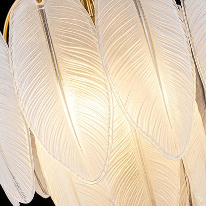 LumFurn D12inch 3-Light Glass Chandeliers, Modern 2-Tier Pendant Light Fixture for Dining Room, Living Room, D12x18~47Inch Adjustable Height, White Frosted Glass Feather Shade & Gold Finish Frame