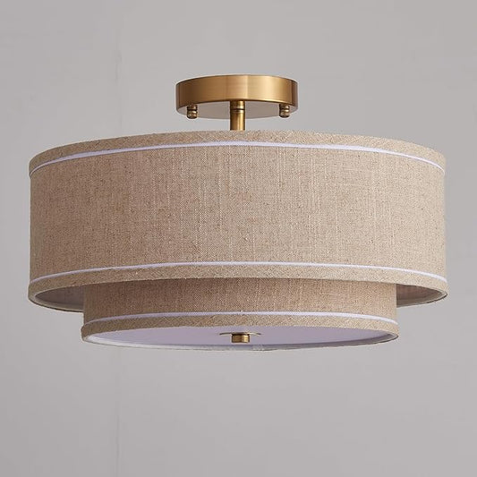 Shrine Lighting Double Drum Ceiling Light, Perfect Drum Light Fixture for Dining Room, D16'' x H7'', E12*3 Sockets, Beige Linen Fabric Lampshade & Gold Rod