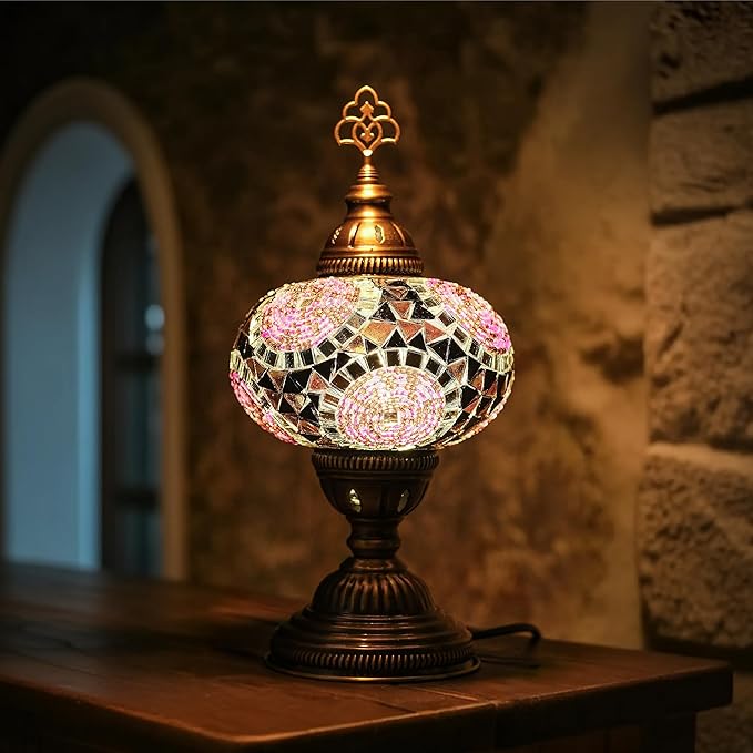 Turkish Lamp, Mosaic Table Lamp, Antique Moroccan Decorative Glass Bohemian Vintage Lamp Shade, Small Desk Tiffany Bedside Stained Glass Lamp with US Plug and E12 Socket