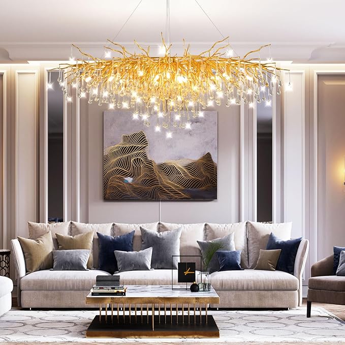 70.87 Inch Modern Crystal Chandeliers, Large Gold Branch Raindrop Chandelier, Rectangle Chandelier Lighting Fixture 19-Light for Foyer Entryway High Ceiling Dining Room, Living Room