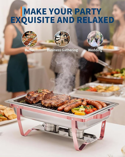 Garvee Chafing Dishes for Buffet Set of 2, 8QT Buffet Servers and Warmers Set with Lid & Foldable Frame, Rectangular Stainless Steel Chafer Food Warmer for Parties Wedding Catering Supplies, Rose Gold