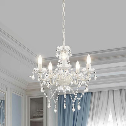 Small White 5-Light Crystal Chandelier, Modern Glass Chandelier Lighting Fixture, Small Chandelier for Bedroom, Dining Room, Living Room, Kitchen, Foyer, Girls Room Ceiling Light