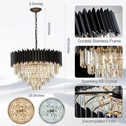 24" Modern Black Crystal Chandeliers 5-Tier 10 Lights Ceiling Light Fixture K9 Crystal Hanging Pendant Ceiling Light for Dining Room Living Room Bedroom Entryway