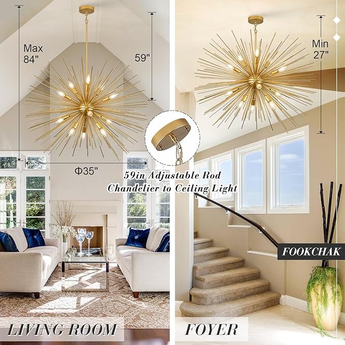 35in Gold Sputnik Chandelier 12-Light Starburst Chandelier Light Fixture Solid Metal Mid-Century Modern Satellite Light Fixture for High Ceiling Living Room Dining Room Foyer, E12